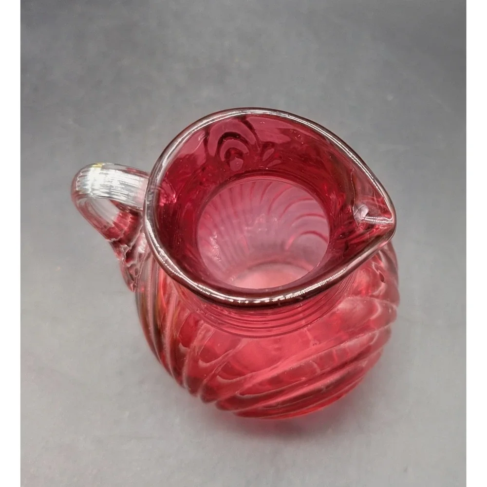 Vintage Fenton Cranberry Glass Swirl Optic Mini Pitcher Applied Handle Ruby Red